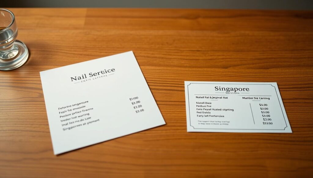 A well-lit, detailed tabletop scene showcasing various nail service prices in Singapore. Crisp, high-resolution close-up of a wooden table with an elegant, minimalist display of manicure, pedicure, and other nail treatment pricing information. The table is adorned with clean white space and simple geometric shapes that highlight the service offerings. Soft, diffused lighting from above casts a warm, inviting glow across the scene. The composition is balanced and symmetrical, creating a sense of order and professionalism. The overall mood is modern, sophisticated, and informative, reflecting the high-quality nail services available in Singapore.