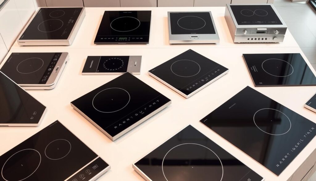A well-lit, high-angle shot of an induction cooktop display showcasing an array of sleek, modern induction cookers in various sizes and styles. The cooktops are arranged neatly, allowing a clear view of their control panels, heating elements, and overall design. The background is a clean, minimalist setting, perhaps a neutral-toned kitchen environment, allowing the induction cookers to be the focal point. Soft, directional lighting casts subtle shadows, highlighting the textures and materials of the appliances. The overall impression is one of professionalism, functionality, and consumer choice, reflecting the "How to Choose the Right Induction Cooker" section of the article.