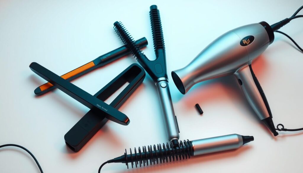 A well-lit, high-quality studio photograph of an assortment of cordless hair styling tools, including a cordless flat iron, a cordless curling iron, and a cordless blow dryer, arranged artistically on a white or neutral background. The tools should be showcased in a sleek, modern, and visually appealing manner, highlighting their cordless design and premium features. The lighting should be soft and diffused, creating an inviting and professional-looking image. The overall composition should be balanced and aesthetically pleasing, drawing the viewer's attention to the key styling tools.