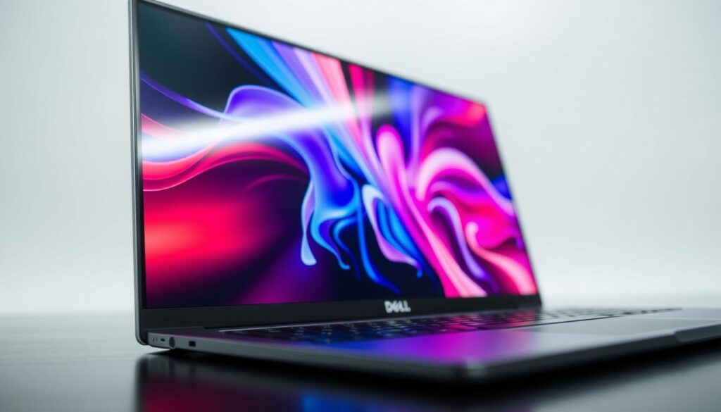 A well-lit, high-resolution close-up of a Dell XPS laptop display. The screen shows a vibrant, color-accurate image with deep blacks and vivid highlights. In the foreground, the sleek, aluminum chassis of the laptop is visible, reflecting the light elegantly. The display is positioned at a slight angle, showcasing its thin profile and narrow bezels. In the background, a soft, out-of-focus studio setting provides a clean, professional backdrop. The overall scene conveys the premium, high-quality nature of the Dell XPS display and graphics, perfectly suited for an article showcasing the best laptops in Singapore.