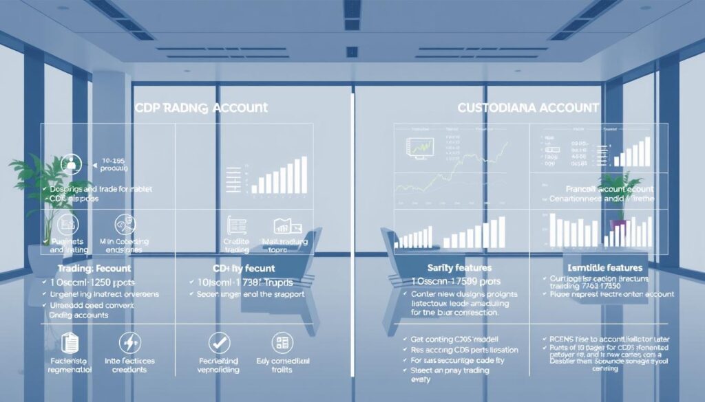 A well-lit, high-resolution illustration depicting the side-by-side comparison of a CDP (Central Depository) trading account and a custodian trading account in Singapore. The foreground showcases the key features and differences between the two account types, with clear icons and labels. The middle ground features financial charts, graphs, and data visualizations to highlight the trading capabilities and functionalities of each account. The background setting is a modern, minimalist office environment with sleek furnishings and large windows, conveying a sense of professionalism and sophistication. The overall scene strikes a balance between informative and visually appealing, reflecting the subject matter of the article.