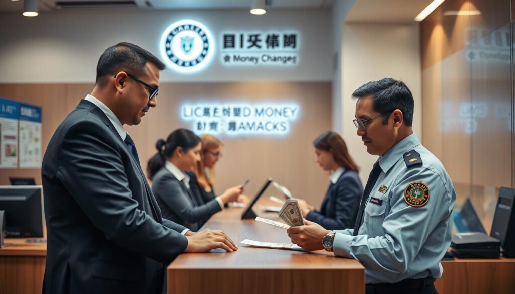 A well-lit, high-resolution photograph of licensed money changers in a professional, secure setting. In the foreground, a uniformed money changer standing behind a sturdy counter, meticulously counting bills with precision. In the middle ground, customers engaging in transactions, their expressions calm and confident. The background features the money changer's branding, showcasing their licensing and regulatory compliance. The lighting is warm and inviting, creating a sense of trustworthiness and professionalism. The composition is balanced, with a focus on the money changer's expertise and the customers' comfort and safety.