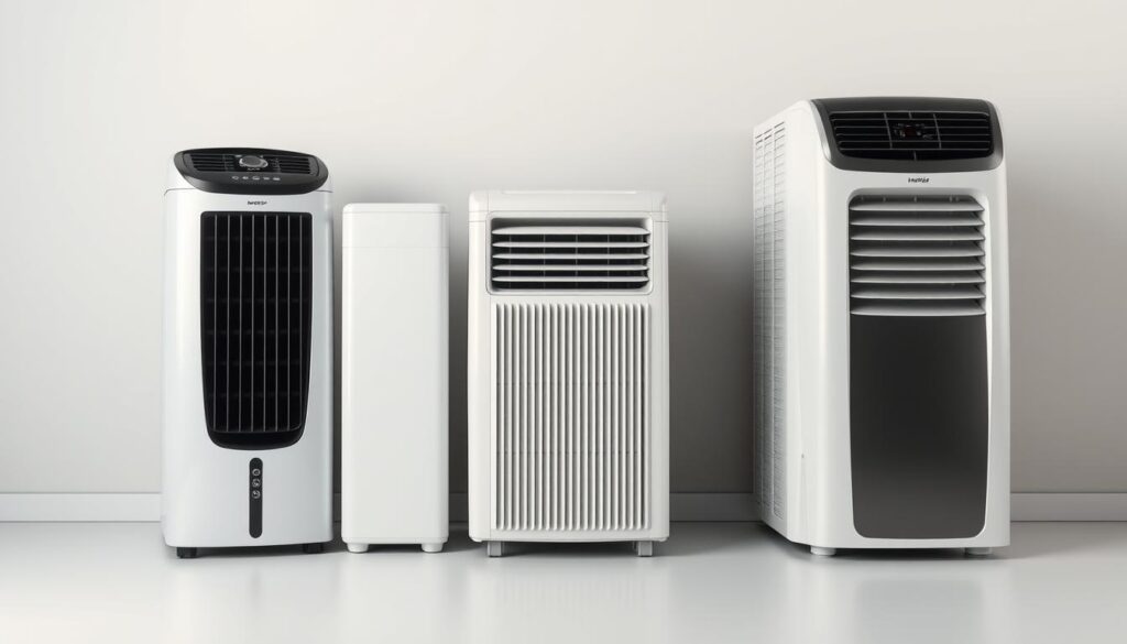 A well-lit, high-resolution photograph of three contemporary air conditioners placed side-by-side against a plain, muted background. The air conditioners should be depicted in an elevated, three-quarter view to showcase their sleek, minimalist designs and advanced cooling technologies. The units should have a range of capacities, from compact to large-scale, to highlight the versatility of air conditioning solutions. The lighting should be soft and even, emphasizing the clean lines and metallic finishes of the appliances. The overall scene should convey a sense of efficiency, reliability, and technological sophistication to align with the "Air Cooler vs Air Conditioner" comparison in the article.