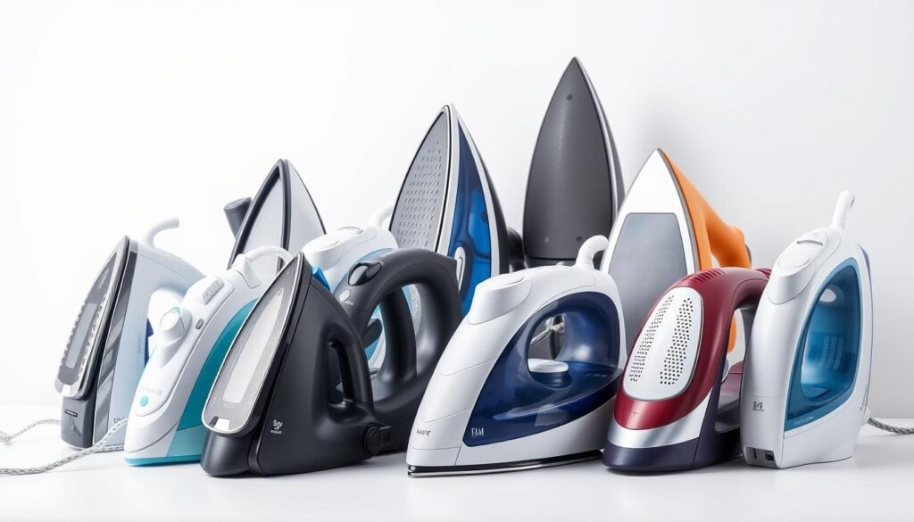 A well-lit, high-resolution photographic still life showcasing a variety of modern steam irons in the foreground, with a clean, uncluttered white background. The irons should be arranged in an orderly, visually appealing composition, highlighting their distinct features and designs. Include a range of iron types, such as classic, handheld, and travel-sized models, each with unique colors, shapes, and control panels. Capture the irons from a slightly elevated angle to emphasize their form and functionality. The lighting should be soft and diffused, creating subtle shadows and highlights to accentuate the textural details of the iron bodies and steam vents. Convey a sense of professionalism, utility, and consumer choice for the types of steam irons available.