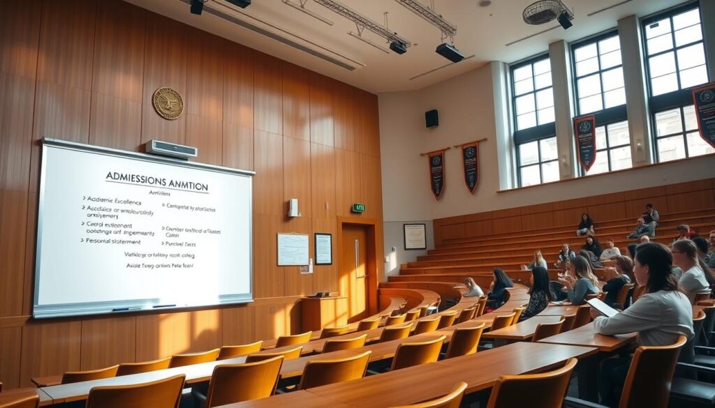 A well-lit lecture hall, its polished wooden desks and chairs arranged in orderly rows. On the pristine whiteboard, the admission criteria for a prestigious junior college are meticulously detailed: academic excellence, extracurricular achievements, and personal statements. The walls are adorned with framed accolades and university pennants, exuding a sense of academic rigor and tradition. Soft, natural light filters through large windows, casting a warm, inviting glow over the scene. The atmosphere is one of diligence and anticipation, as prospective students pore over the requirements, determined to secure their place in this esteemed institution.