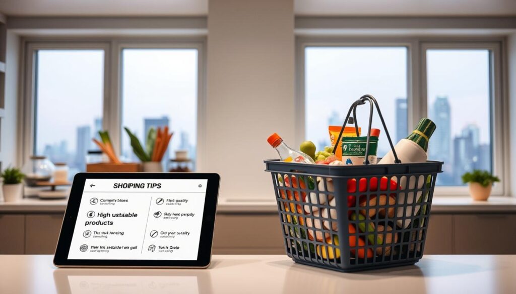 A well-lit, modern home interior with a neatly organized kitchen counter. On the counter, an array of stylish, labeled containers holding a variety of grocery items. In the foreground, a smart tablet displays a curated list of shopping tips, with icons and simple graphics to illustrate each point. The middle ground features a chic, minimalist shopping basket filled with high-quality, sustainable products. The background showcases large windows overlooking a vibrant city skyline, creating a sense of an urban, tech-savvy environment. The overall mood is one of efficiency, organization, and informed consumer choices.