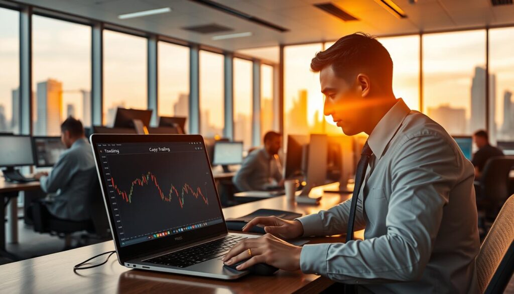 A well-lit office scene, with a trader's desk in the foreground. On the desk, a laptop displays a trading platform interface, showcasing the "Copy Trading" feature. The trader, dressed in a crisp shirt and tie, intently studies the screen, hand poised over the mouse. In the middle ground, other traders work diligently, their faces illuminated by the soft glow of computer monitors. The background features floor-to-ceiling windows, offering a panoramic view of the city skyline, bathed in the golden hues of the setting sun. The atmosphere is one of focus, professionalism, and the thrill of the financial markets. A well-lit office scene, with a trader's desk in the foreground. On the desk, a laptop displays a trading platform interface, showcasing the "Copy Trading" feature. The trader, dressed in a crisp shirt and tie, intently studies the screen, hand poised over the mouse. In the middle ground, other traders work diligently, their faces illuminated by the soft glow of computer monitors. The background features floor-to-ceiling windows, offering a panoramic view of the city skyline, bathed in the golden hues of the setting sun. The atmosphere is one of focus, professionalism, and the thrill of the financial markets.