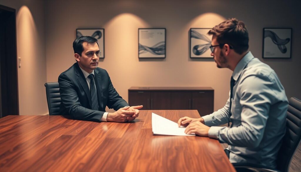 A well-lit office setting, a mid-level manager conducting a formal performance review with an employee. The manager sits across a sleek wooden desk, hands clasped, expression serious yet professional. The employee, facing the manager, maintains a composed demeanor, papers in hand, ready to discuss their achievements and areas for growth. Warm, directional lighting casts subtle shadows, creating a focused, evaluative atmosphere. The background features neutral-toned walls adorned with minimal corporate artwork, conveying a sense of measured assessment and constructive feedback.