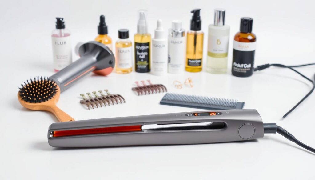 A well-lit studio scene with an assortment of high-quality hair styling tools arranged neatly on a clean, white surface. In the foreground, a sleek, modern hair straightener with ceramic plates and a digital temperature display. Next to it, a small, round hair brush and a wide-tooth comb, both with bamboo or wooden handles. In the middle ground, a professional-grade blow dryer with multiple heat and speed settings, and a set of small hair clips in various colors. In the background, a selection of hair serums, oils, and leave-in conditioners in elegant, minimalist packaging. The overall mood is one of sophistication, simplicity, and an emphasis on products designed for fine, thin hair.