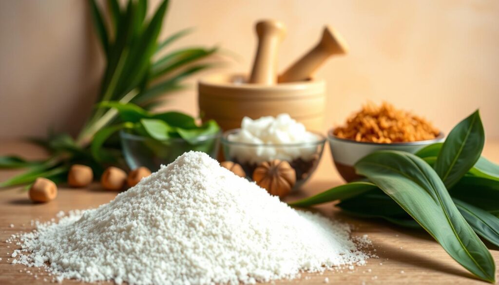 A well-lit tabletop scene showcases the key ingredients for preparing traditional Singaporean kueh bangkit. In the foreground, a pile of fine tapioca flour sits alongside bowls of fragrant pandan leaves, freshly grated coconut, and a few whole nutmegs. In the middle ground, a mortar and pestle stand ready to grind the spices. The background is a soft, neutral tone that allows the vibrant colors of the ingredients to take center stage. Warm, natural lighting bathes the scene, evoking the comforting aromas of a Singaporean home kitchen. The overall mood is one of humble, time-honored culinary tradition.