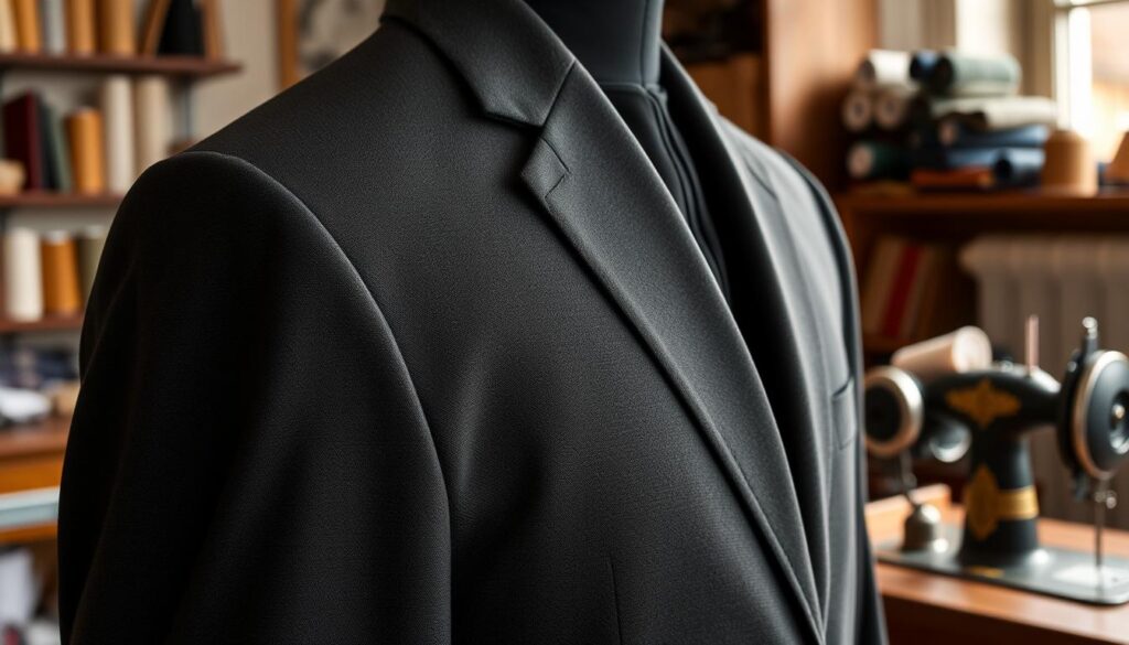 A well-tailored suit in a classic charcoal gray, with a slim silhouette and expertly pressed creases. The fabric has a subtle sheen, hinting at its quality. The tailor's workshop is in the background, filled with spools of thread, bolts of fabric, and a vintage sewing machine. Soft, warm lighting from a nearby window casts a gentle glow, highlighting the precise stitching and attention to detail. The overall impression is one of understated elegance and exceptional craftsmanship, all for a price that won't break the bank.