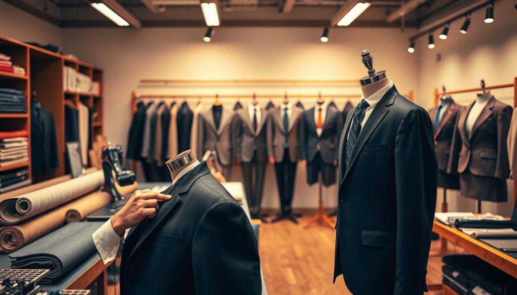 Affordable Tailoring Services: A Vibrant Showcase of Skilled Craftsmanship A modern, well-lit tailoring studio with a warm, inviting atmosphere. In the foreground, a tailor meticulously pins and stitches a suit jacket, their hands moving with practiced precision. Rolls of high-quality fabrics and an array of tailoring tools line the middle ground, creating a sense of expertise and attention to detail. In the background, a display of custom-fitted garments on stylish mannequins, showcasing the tailors' exceptional workmanship at accessible prices.