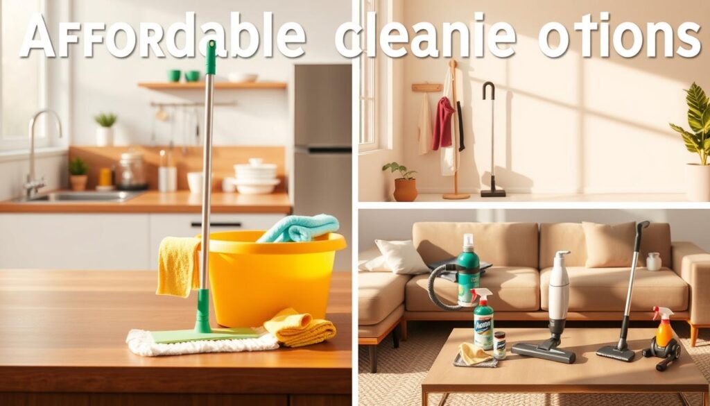 Affordable cleaning options: a clean, modern kitchen with a mop, bucket, and cleaning supplies neatly arranged on a wooden counter; a bright, airy bathroom with a plunger, brush, and cleaning rags; a living room with a vacuum cleaner, dusting cloth, and window cleaner on a minimalist coffee table; all bathed in warm, natural lighting creating a sense of efficiency and practicality.