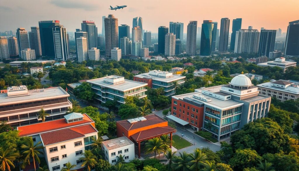An aerial view of specialized educational institutions in Singapore, set against a backdrop of the city's iconic skyline. In the foreground, modern, state-of-the-art school buildings with distinctive architectural styles stand amidst lush greenery, reflecting Singapore's commitment to education and sustainability. The middle ground features students engaged in various activities, ranging from science experiments to artistic performances, showcasing the diverse learning opportunities offered. The background is dominated by the city's gleaming high-rises, casting a warm glow over the scene, creating an atmosphere of academic excellence and innovation.