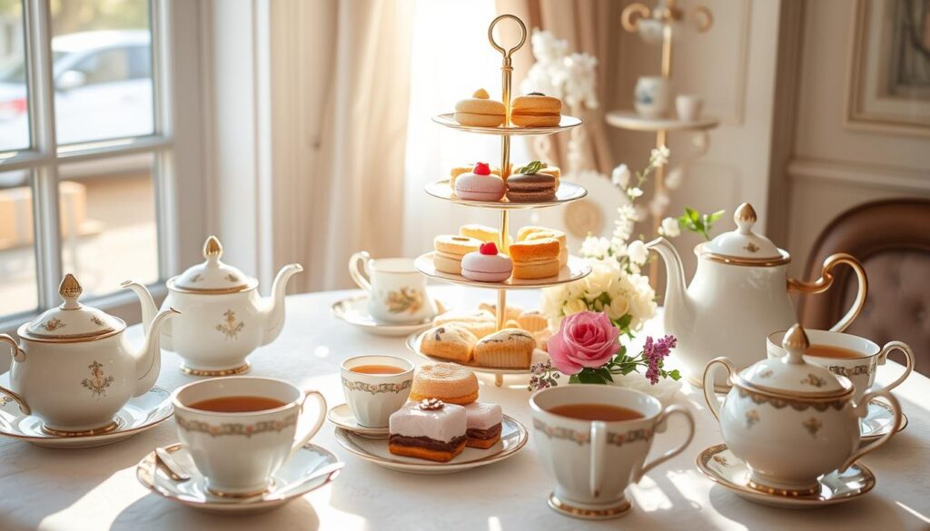 An afternoon tea table set with a variety of delicate pastries, finger sandwiches, and steaming pots of aromatic tea. The centerpiece is an elegant tiered stand filled with colorful macarons, fluffy scones, and flaky tarts. Sunlight streams through a nearby window, casting a warm glow over the spread. Ornate teacups and saucers in pastel shades adorn the table, alongside delicate floral arrangements and a vintage-style teapot. The atmosphere is refined and inviting, with a touch of whimsy that captures the unique charm of afternoon tea.