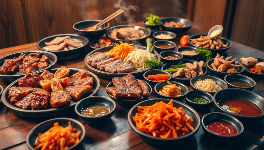 An elaborate spread of unique Korean BBQ dishes, meticulously presented on a rustic wooden table. In the foreground, sizzling marinated meats and seafood are artfully arranged, their rich colors and textures tantalizing the senses. The middle ground features an array of flavorful banchan, or Korean side dishes, each a harmonious blend of colors, textures, and aromas. Delicate kimchi, crisp pickled vegetables, and savory sauces adorn the table, inviting the viewer to savor the authentic flavors of Korean cuisine. The background is softly lit, casting a warm, intimate glow over the scene, creating a cozy and inviting atmosphere. The overall composition evokes a sense of cultural authenticity and culinary expertise, perfectly capturing the essence of a truly exceptional Korean BBQ experience.