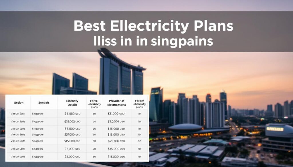 An elegant comparison of electricity plans in Singapore, showcased against a sleek, modern city skyline. The foreground features a clean, minimalist table displaying key details of various electricity providers and their plans, presented in a clear and organized manner. The middle ground captures the dynamic urban landscape, with towering skyscrapers and a vibrant, bustling atmosphere. The background is a serene, softly-lit twilight sky, creating a sense of harmony and sophistication. The overall composition aims to convey the ease and clarity of comparing the best electricity plans in Singapore, reflecting the article's subject and section title.