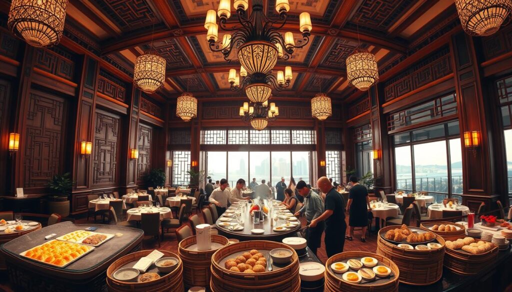 An elegant, high-ceilinged dining hall with intricate wood paneling and ornate chandeliers casting a warm, golden glow. In the foreground, a panoramic view of the restaurant's expansive menu displayed on traditional bamboo baskets, showcasing an array of meticulously crafted dim sum delights. The middle ground features a bustling scene of servers deftly maneuvering through the tables, delivering steaming hot plates to discerning patrons. In the background, a scenic vista of the iconic Singapore skyline visible through the large windows, hinting at the restaurant's prime location. An atmosphere of refined sophistication and timeless Cantonese culinary excellence permeates the entire scene.