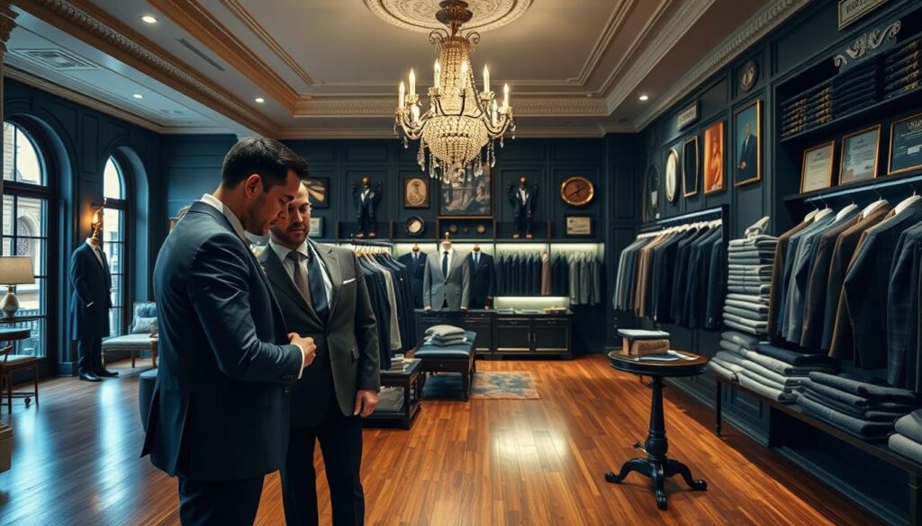 An elegant, high-end tailoring studio with a sophisticated ambiance. In the foreground, a well-dressed client is being measured by a skilled tailor, their focus intense as they discuss fabric choices and design details. The middle ground features a display of fine suiting fabrics, bolts of luxurious wool and silk in muted tones. Indirect lighting casts a warm glow, highlighting the impeccable craftsmanship of the space - polished hardwood floors, ornate moldings, and a grand chandelier overhead. The background showcases a wall of framed accolades and awards, signifying the tailor's reputation for excellence. An atmosphere of exclusivity and discerning taste pervades the scene.