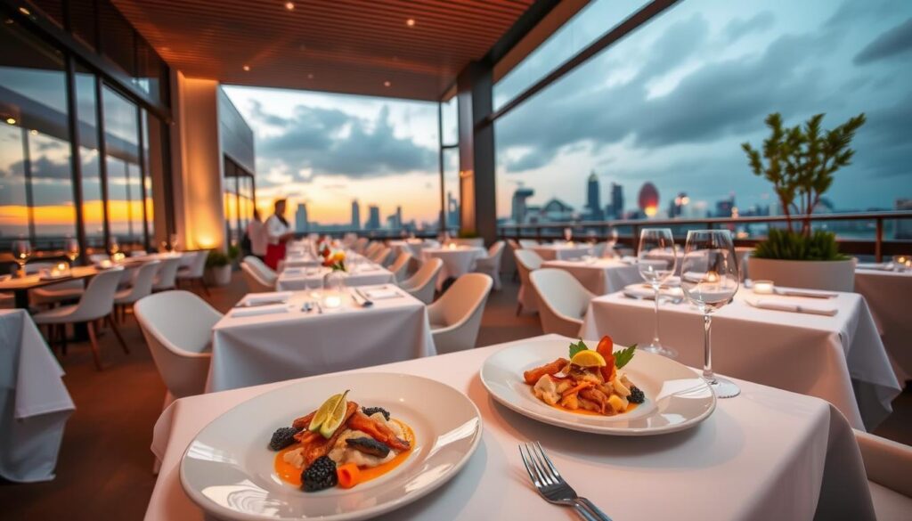 An elegant rooftop dining experience at Kaarla, a contemporary Singaporean restaurant showcasing the best of local produce. A sweeping view of the city skyline forms the backdrop, with warm lighting casting a soft glow over the modern, minimalist decor. In the foreground, pristinely plated dishes featuring fresh seafood and seasonal ingredients take center stage, enticing the senses. Crisp white tablecloths, polished glassware, and attentive service create an atmosphere of refined sophistication. The scene is captured through a wide-angle lens, highlighting the harmonious blend of architecture, culinary artistry, and exceptional ambiance that defines the Kaarla dining experience.