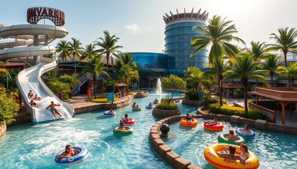 An expansive, sun-drenched waterpark, Adventure Cove Waterpark in Singapore features a thrilling array of attractions. In the foreground, a group of people splash and slide down a towering, spiraling waterslide, their laughter and shrieks of excitement echoing across the park. The middle ground showcases a winding lazy river, where families and friends float serenely on colorful inner tubes, soaking in the tropical atmosphere. In the background, a towering, multi-tiered aquarium teeming with vibrant marine life creates a captivating backdrop, while lush, verdant palm trees sway gently in the warm breeze. The scene is bathed in the soft, golden glow of the afternoon sun, creating a sense of joyful, carefree escapism.