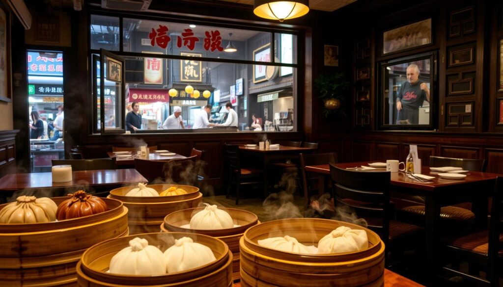 An intimate, dimly-lit dining room with wooden tables and chairs, adorned with traditional Chinese decor. The foreground features a selection of steaming bamboo baskets containing an assortment of delectable dim sum dishes, including juicy pork buns, delicate shrimp dumplings, and fragrant BBQ pork pastries. The middle ground showcases a bustling kitchen visible through a large open window, with chefs skillfully preparing the dishes. The background depicts the lively atmosphere of Chinatown, with glimpses of vibrant street scenes and the iconic shophouses. The lighting is warm and cozy, creating a inviting and authentic Hong Kong-style ambiance.