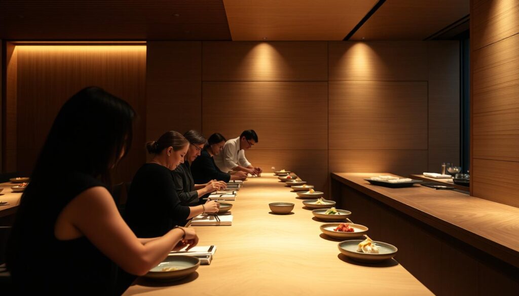 An intimate, elegant dining experience at Suzuki, a Japanese restaurant designed by renowned architect Kengo Kuma. Soft, warm lighting illuminates the minimalist, natural wood interior, creating a serene, refined atmosphere. Patrons sit at a long, polished counter, watching the skilled chefs meticulously prepare each course of the exclusive omakase menu. The presentation is a work of art, with delicate, seasonal ingredients arranged in harmonious compositions on handcrafted ceramic plates. The aroma of fresh seafood and simmering broths fills the air, whetting the appetite. A sense of anticipation and reverence pervades the space, as diners savor each expertly crafted bite, fully immersed in the culinary journey.