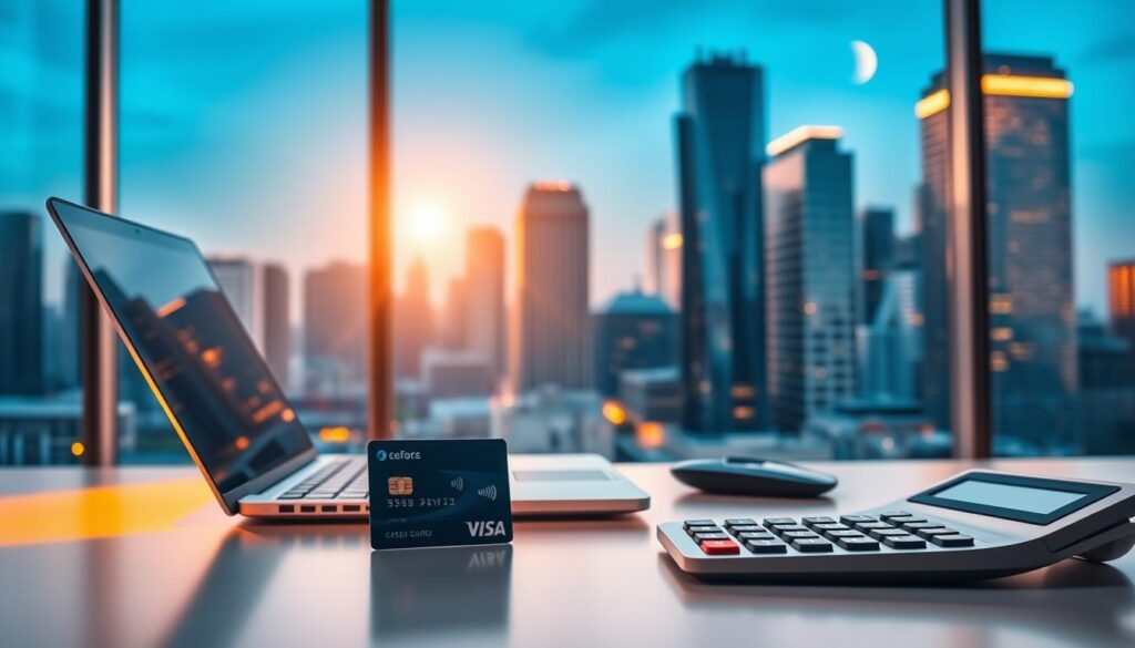 An office desk with a laptop, credit card, and calculator, illuminated by warm, focused lighting. In the background, a cityscape of towering skyscrapers, reflecting the sun's glow. The desk surface is clean and organized, with a sense of purposeful productivity. The credit card is the focal point, representing the rewards and cashback opportunities available to the user. The calculator symbolizes the careful consideration and optimization of financial decisions. The overall scene conveys a professional, aspirational atmosphere of financial savvy and wealth-building.