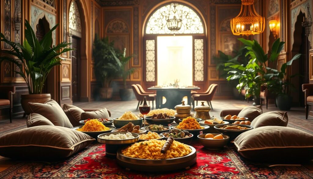 An opulent Persian dining experience at Shabestan, with an ornate table setting and fragrant dishes. In the foreground, a traditional Persian rug adorns the floor, with plush velvet cushions surrounding a low wooden table. Arrayed upon the table are an array of colorful and aromatic dishes - saffron-infused rice, tender kebabs, and aromatic stews. The middle ground features intricate Persian architectural details, such as ornate arched windows and delicate tile work. The background is softly lit, creating a warm and inviting ambiance, with hints of brass chandeliers and lush potted plants. A serene and immersive atmosphere, transporting the viewer to the heart of Persian culinary culture.