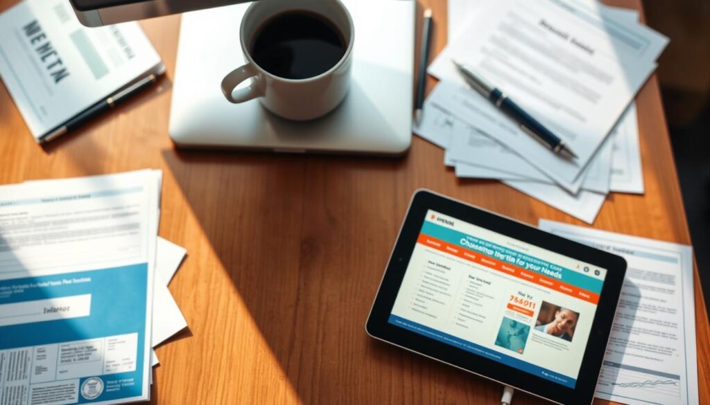 An overhead view of a desk displaying various healthcare-related documents, insurance cards, and a digital tablet displaying an insurance website. Warm, natural lighting casts soft shadows, creating a thoughtful, considered atmosphere. The middle ground features a desktop computer and a cup of coffee, conveying a professional, focused setting. The background blurs softly, drawing the eye to the foreground elements that symbolize the act of "choosing the right plan for your needs" in the context of health insurance.