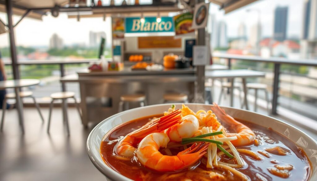 Blanco Court Prawn Mee: a vibrant, steaming bowl of authentic Singaporean cuisine. In the foreground, fresh, succulent prawns gently simmered in a rich, savory broth, complemented by tender noodles and crunchy bean sprouts. The middle ground showcases a traditional Malaysian-style hawker stall, its metal counter and wooden stools evoking the bustling atmosphere of a lively food court. In the background, a serene urban landscape frames the scene, hinting at the vibrant cultural tapestry of Singapore. Warm, natural lighting casts a cozy, inviting glow, drawing the viewer in to savor the aromatic, mouthwatering delights of this beloved local dish.