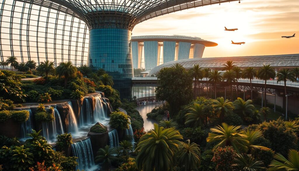 Changi Airport, a world-class transit hub, showcasing captivating attractions that defy expectations. In the foreground, a lush indoor garden with cascading waterfalls and vibrant foliage, inviting travelers to pause and immerse themselves in nature. The middle ground features the iconic Jewel complex, its striking glass and steel architecture reflecting the dynamism of this international gateway. In the background, glimpses of aircraft taking flight, set against a warm, golden-hour sky, conveying a sense of global connectivity. Soft, diffused lighting and a cinematic lens capture the serene, yet futuristic ambiance, making Changi Airport feel more like a destination in itself than merely a point of transit.