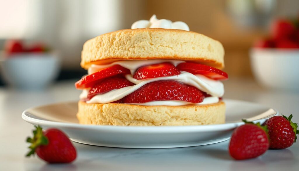 Chateraise strawberry shortcake, a decadent and visually stunning dessert. A soft, fluffy sponge cake layered with fresh, juicy strawberries and lightly sweetened whipped cream. The cake is delicately lit from above, casting a warm, inviting glow. The camera angle is slightly elevated, allowing the viewer to appreciate the well-proportioned layers and the vibrant red of the strawberries peeking through. The background is slightly blurred, placing the focus squarely on the delectable dessert. The overall mood is one of indulgence and satisfaction, reflecting the affordable yet delicious nature of this Chateraise creation.