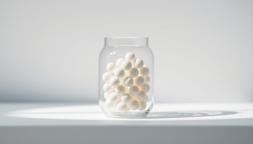 Collagen peptides suspended in a clean, minimalist glass container. The peptides appear as smooth, translucent spheres in a soft, diffused light. A sense of purity and premium quality radiates from the image. The container is placed on a simple, neutral-toned surface, allowing the focus to remain on the product. Soft shadows create depth and dimension, highlighting the refined nature of the supplements. The overall composition conveys a sense of quality, wellness, and the natural benefits of collagen.