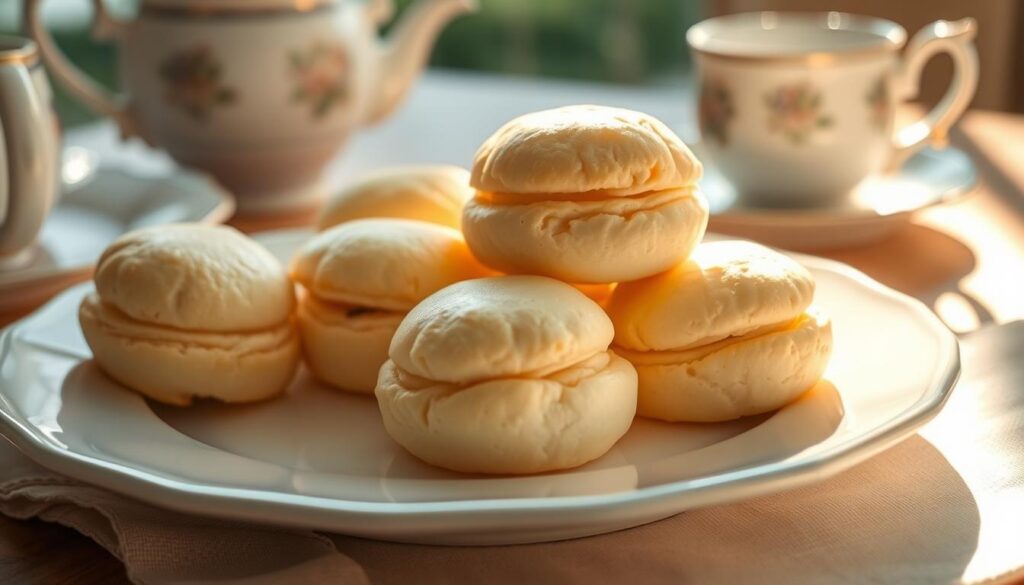 Delicate, light-as-air cream puffs, infused with the aromatic essence of premium tea leaves, nestled on a pristine white plate. Sunlight gently filters through the scene, casting a warm, golden glow that highlights the puffs' delicate, flaky exterior. The center of each puff is a rich, creamy filling, tinged with the subtle, earthy notes of the tea. Elegant china and a delicate linen napkin complete the refined, yet inviting, presentation. A sense of timeless elegance and artisanal craftsmanship permeates the scene, inviting the viewer to savor the unique fusion of classic pastry and premium tea.