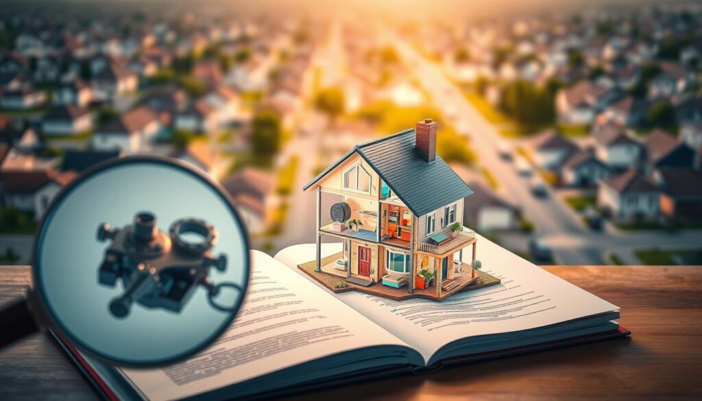 Detailed cutaway diagram depicting the inner workings of a home insurance policy. In the foreground, a magnified view of a policy document, its pages transparent to reveal the intricate mechanisms within. In the middle ground, a cross-section of a residential home, showcasing the various coverage areas - from the foundation to the roof, with color-coded elements highlighting different protection components. In the background, a seamless panorama of a suburban neighborhood, emphasizing the broader context in which home insurance operates. The scene is illuminated by a warm, diffused lighting, creating a sense of clarity and understanding. The overall composition conveys the comprehensive nature of home insurance, guiding the viewer through the complex web of protection and risk management.
