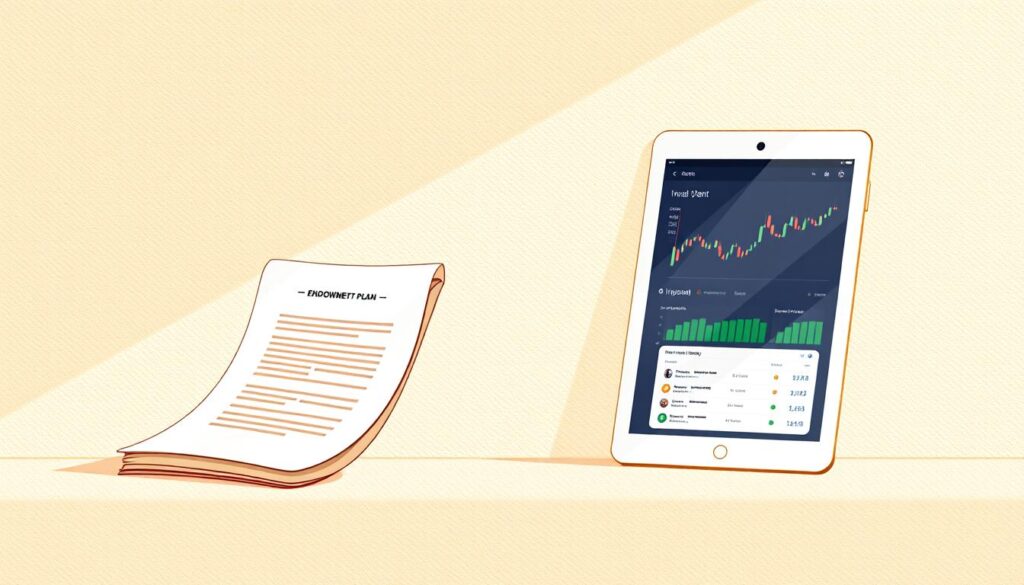Endowment Plans vs. ILPs: A Visual Comparison A crisp, minimalist illustration depicting two distinct investment vehicles side-by-side. In the foreground, an endowment plan represented by a stylized, elegant life insurance policy document, the pages gently fanning out. Opposite, an ILP (investment-linked policy) symbolized by a sleek, modern tablet displaying a dynamic investment portfolio interface. The background is a subtly-textured, neutral-toned canvas, allowing the two financial instruments to take center stage. Warm, natural lighting casts a soft, inviting glow, lending an air of professionalism and authority to the scene. The composition is balanced, clean, and visually appealing, guiding the viewer's attention to the key contrasts between these two distinct investment options. Endowment Plans vs. ILPs: A Visual Comparison A crisp, minimalist illustration depicting two distinct investment vehicles side-by-side. In the foreground, an endowment plan represented by a stylized, elegant life insurance policy document, the pages gently fanning out. Opposite, an ILP (investment-linked policy) symbolized by a sleek, modern tablet displaying a dynamic investment portfolio interface. The background is a subtly-textured, neutral-toned canvas, allowing the two financial instruments to take center stage. Warm, natural lighting casts a soft, inviting glow, lending an air of professionalism and authority to the scene. The composition is balanced, clean, and visually appealing, guiding the viewer's attention to the key contrasts between these two distinct investment options.