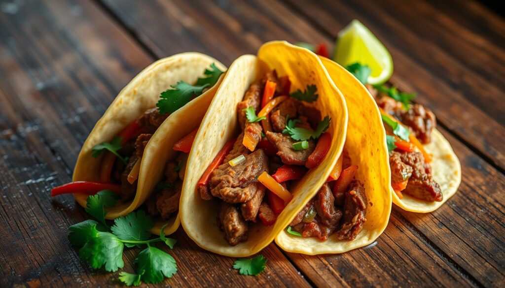 Freshly prepared halal tacos with tender, marinated meat, vibrant vegetables, and aromatic spices. The tacos are neatly arranged on a rustic wooden table, garnished with fresh cilantro and a squeeze of tangy lime. Warm, soft tortillas encasing the flavorful filling create a mouthwatering scene, illuminated by natural lighting that casts a cozy, inviting glow. The overall composition evokes the casual, authentic ambiance of a lively Mexican taqueria, perfectly capturing the essence of the "Halal and Delicious" Afterwit experience.