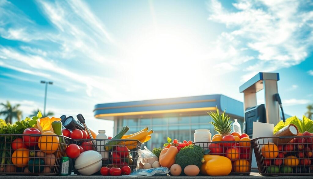 Groceries and petrol rewards: a vibrant scene of shopping baskets, fuel pumps, and a modern supermarket against a bright, sunlit backdrop. In the foreground, a selection of fresh produce, dairy, and packaged goods sits neatly arranged, complemented by a sleek, metallic gas pump. The middle ground showcases the facade of a well-lit, contemporary grocery store, its clean lines and glass panels reflecting the dynamic urban setting. The background features a hazy, blue sky with wispy clouds, creating a sense of openness and tranquility. Warm lighting filters through the scene, casting a welcoming glow and emphasizing the convenience and rewards of this everyday shopping experience.
