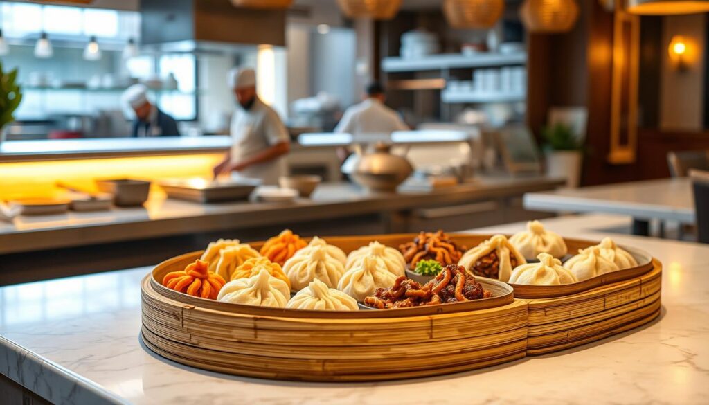 Halal-certified dim sum served on a traditional bamboo steamer, showcasing an array of flavorful and visually-appealing delicacies. The steamer sits atop a crisp white marble countertop, illuminated by warm, soft lighting that casts a cozy, inviting atmosphere. In the background, a blurred view of a bustling open-plan kitchen, where skilled chefs meticulously prepare each bite-sized morsel. The dim sum itself features a harmonious blend of vibrant colors and intricate shapes, ranging from delicate shrimp dumplings to savory char siu buns. An authentic, halal-certified dining experience that celebrates the art of Cantonese cuisine.