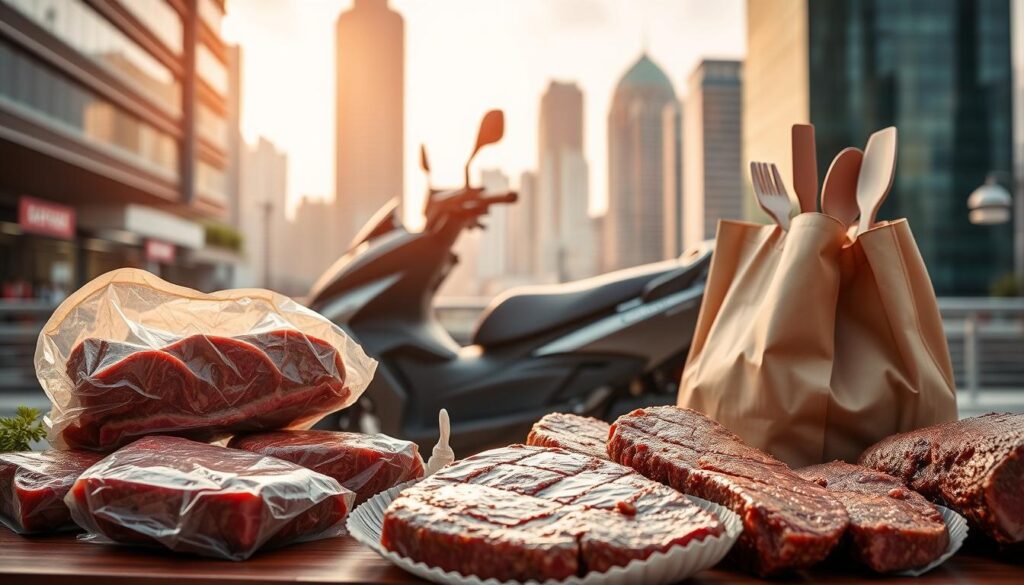 Halal steak delivery options in Singapore, captured in a detailed still life setting. In the foreground, an array of steak cuts wrapped in vacuum-sealed packaging, accompanied by reusable delivery bags and utensils. The middle ground features a sleek, modern delivery scooter, conveying the efficient transport of the premium meats. The background showcases the vibrant cityscape of Singapore, hinting at the cosmopolitan nature of the halal steak delivery experience. Warm, natural lighting casts a soft glow, creating an inviting and appetizing atmosphere. The composition emphasizes the quality, convenience, and accessibility of these halal steak delivery services within the bustling urban landscape.