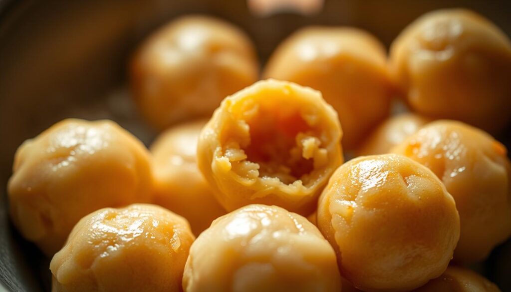 Handmade fishballs, freshly crafted with care and precision. A close-up view showcases the delicate texture, the golden-brown exterior, and the juicy, savory interior. The fishballs are glistening under warm, diffused lighting, casting soft shadows that accentuate their spherical forms. The scene is set against a blurred, neutral background, allowing the fishballs to take center stage and captivate the viewer's attention. This image evokes the artisanal nature of the dish, highlighting the skilled craftsmanship and attention to detail that go into creating the perfect fishball for a nourishing and satisfying bowl of noodles.