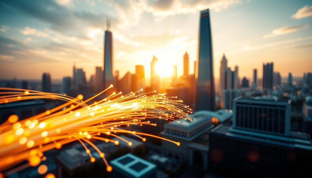 High-speed fiber optic broadband internet, its cables and infrastructure stretching across a modern cityscape. A gleaming, futuristic cityscape with towering skyscrapers and sleek architecture, bathed in warm, golden sunlight. In the foreground, a close-up view of fiber optic cables, their strands glowing with an internal luminescence, symbolizing the lightning-fast data transmission. Lens flares and depth of field blur create a sense of technological dynamism and innovation. The overall mood is one of progress, connectivity, and the transformative power of high-speed internet in an advanced urban environment.