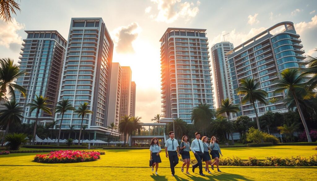 Iconic high-rise buildings with sleek, modern architecture surrounded by lush, verdant landscapes. Manicured lawns, towering palm trees, and vibrant blooms create a serene, picturesque setting. In the foreground, a group of diverse students in crisp uniforms stride purposefully, embodying the international character of these prestigious educational institutions. Warm, golden sunlight filters through wispy clouds, casting a soft, inviting glow over the entire scene. The overall atmosphere exudes a sense of academic excellence, global engagement, and a commitment to nurturing the next generation of leaders.