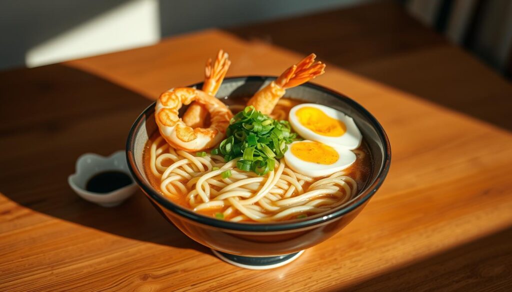 Idaten udon: a mouthwatering display of artisanal Japanese noodles in a pristine, minimalist setting. Thick, chewy udon noodles in a steaming, savory broth, garnished with vibrant green onions, crisp tempura shrimp, and a soft-boiled egg. The scene is bathed in warm, natural lighting, highlighting the dish's textures and colors. An elegant wooden table provides the perfect backdrop, with a serene, zen-like ambiance. The composition is balanced, with the udon bowl taking center stage, inviting the viewer to dive into this delectable, DIY culinary experience.