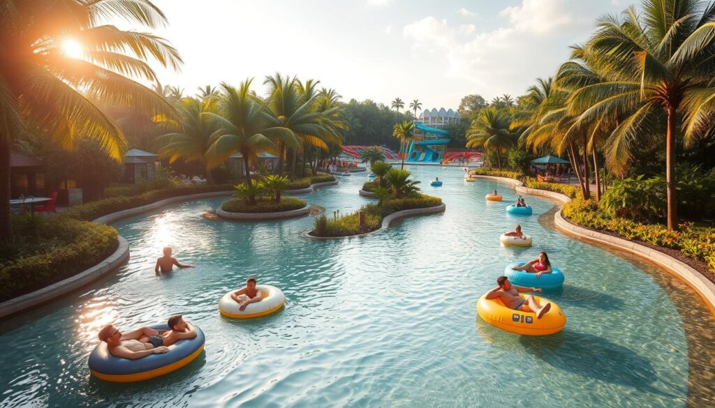Lazy river in a lush, tropical Singapore setting. A meandering, crystal-clear stream winds through a serene oasis, surrounded by towering palm trees and verdant foliage. The warm, golden sunlight filters through the canopy, casting a tranquil glow over the gently flowing water. Families lounge on inner tubes, lazily drifting along the current, soaking up the idyllic atmosphere. In the distance, a modern, family-friendly swimming pool complex with vibrant slides and splash pads comes into view, inviting visitors to enjoy a day of aquatic fun. The scene captures the perfect balance of relaxation and active recreation, embodying the essence of a top family-friendly swimming destination in Singapore.