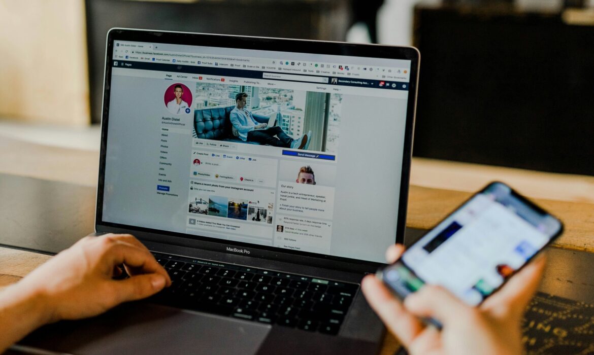 Facebook page of an entrepreneur's social media on desktop and mobile.