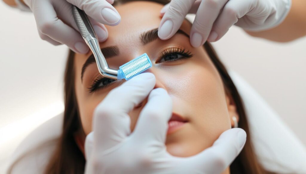 Microneedling procedure at Om Aesthetics Clinic, a modern and minimalist skincare studio. A close-up view of a woman's face, with the skin in focus, as a specialist delicately glides a dermaroller across her forehead, creating a grid of microscopic punctures. The lighting is soft and flattering, casting gentle shadows that highlight the skin's texture. The background is blurred, but suggests a clean, clinical environment with a white or neutral-toned wall. The overall atmosphere is serene, professional, and focused on the skin's health and rejuvenation.