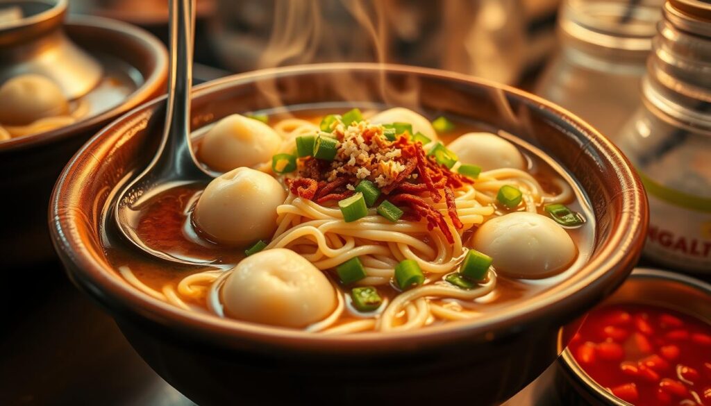 Mouthwatering fish ball noodles in a steaming hot broth, served in a rustic ceramic bowl. The springy noodles are cooked to perfection, nestled among tender fish balls and garnished with fresh scallions, fried shallots, and a sprinkle of white pepper. The warm lighting casts a cozy glow, capturing the casual yet comforting atmosphere of a authentic Singaporean hawker stall. A side of chili sauce adds a vibrant pop of color and zesty flavor, complementing the savory, umami-rich dish. The scene is captured from a low angle, emphasizing the dish's hearty, satisfying presence.