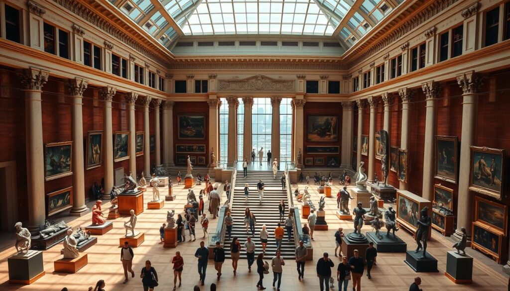 National Gallery Singapore art collection, showcasing a grand neoclassical building with intricate architectural details. Sunlight streams through expansive windows, illuminating the vast interior atrium filled with sculptures and paintings from Singapore's renowned artists. In the foreground, visitors wander through the galleries, captivated by the diverse, thought-provoking exhibits. The middle ground features a central staircase leading to upper levels, where more artwork awaits exploration. The background depicts the city skyline visible through the gallery's glass walls, creating a seamless blend of art and urban landscape. The overall atmosphere evokes a sense of cultural enrichment, inspiration, and a deep appreciation for Singapore's artistic heritage.